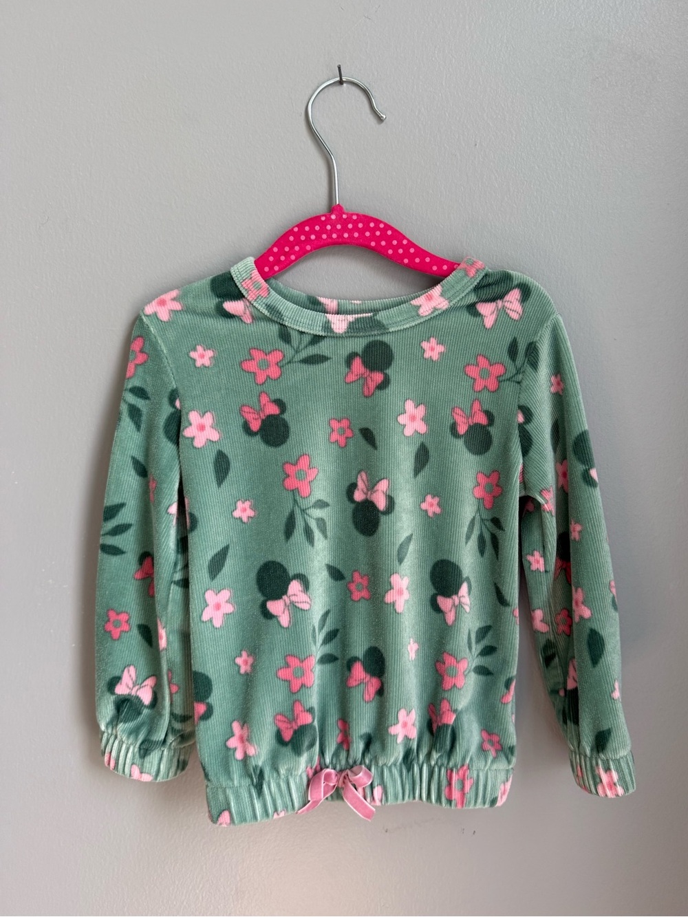 Disney Green Long-Sleeve Top with Pink Floral & Bow Print